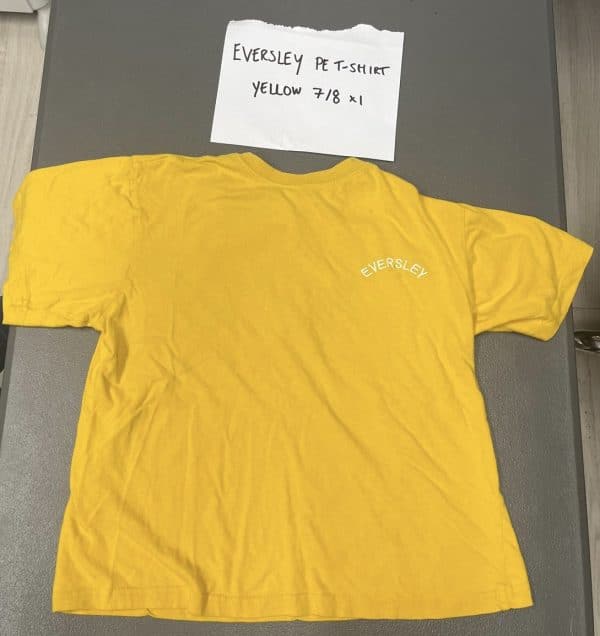 Pre Loved Eversley Yellow P.E Tshirt. Size 7-8